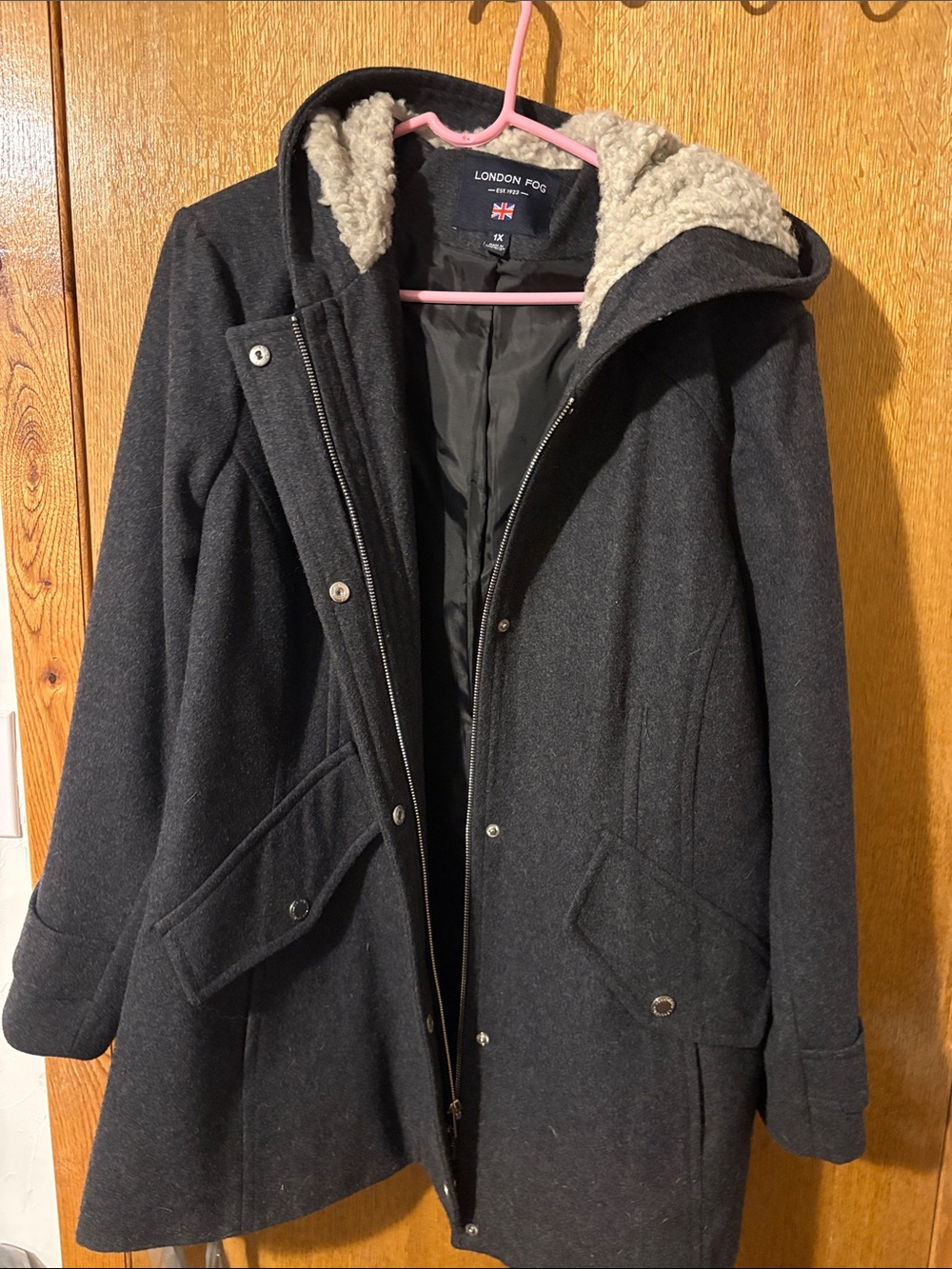 London Fog Dark Charcoal Hooded Wool-Blend Pea Coat with Sherpa Hood Lining
